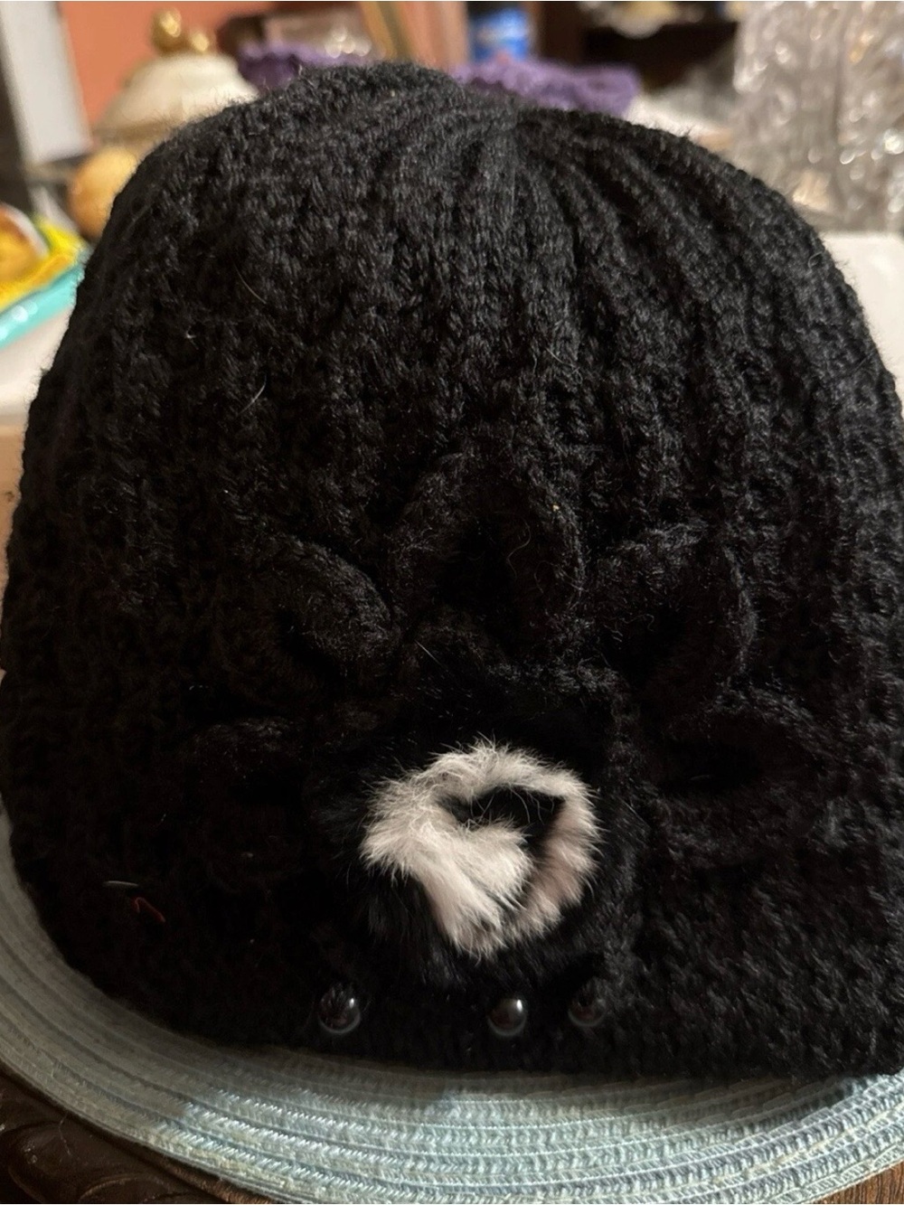 Black Knit Women's Beanie Hat with Faux Fur Accent